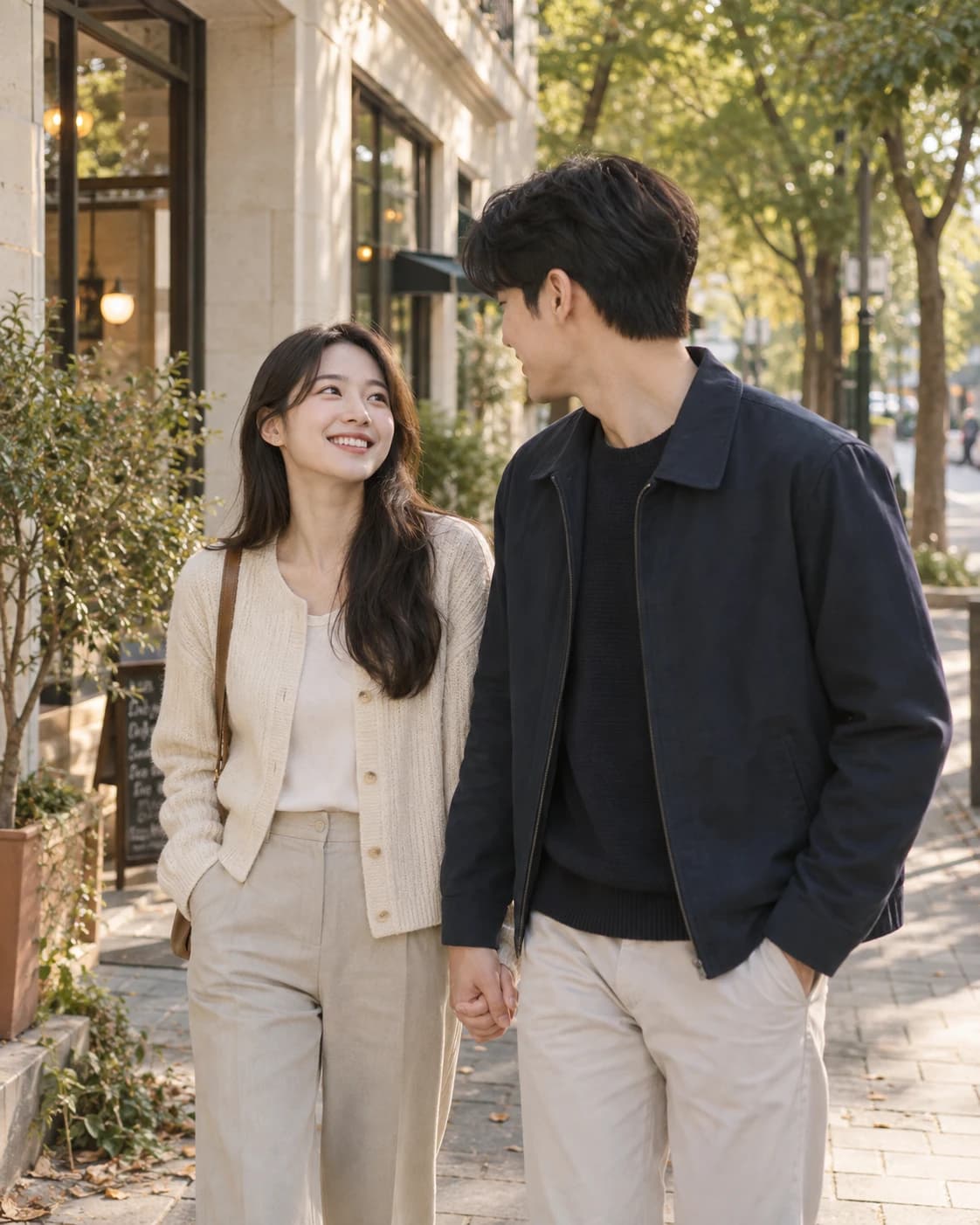 햇살이 드는 거리에서 손을 잡고 서로 바라보며 웃는 한국인 커플의 연출 이미지