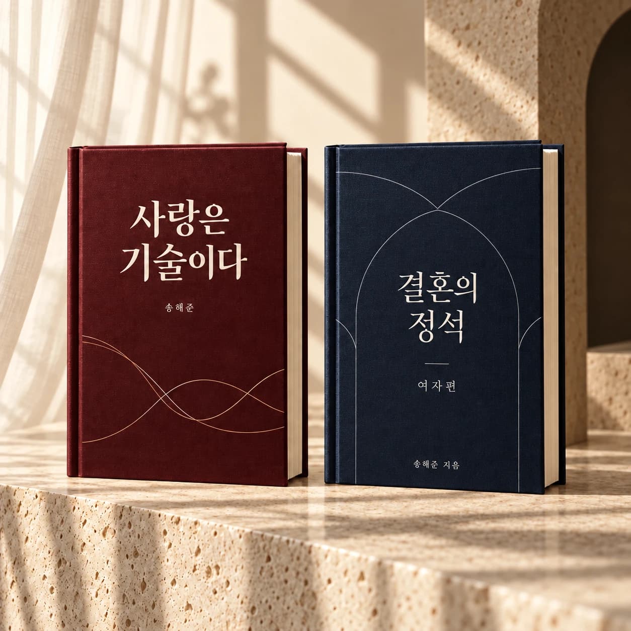 햇살 아래 나란히 놓인 버건디색 사랑은 기술이다와 네이비색 결혼의 정석 여자편 전자책 목업