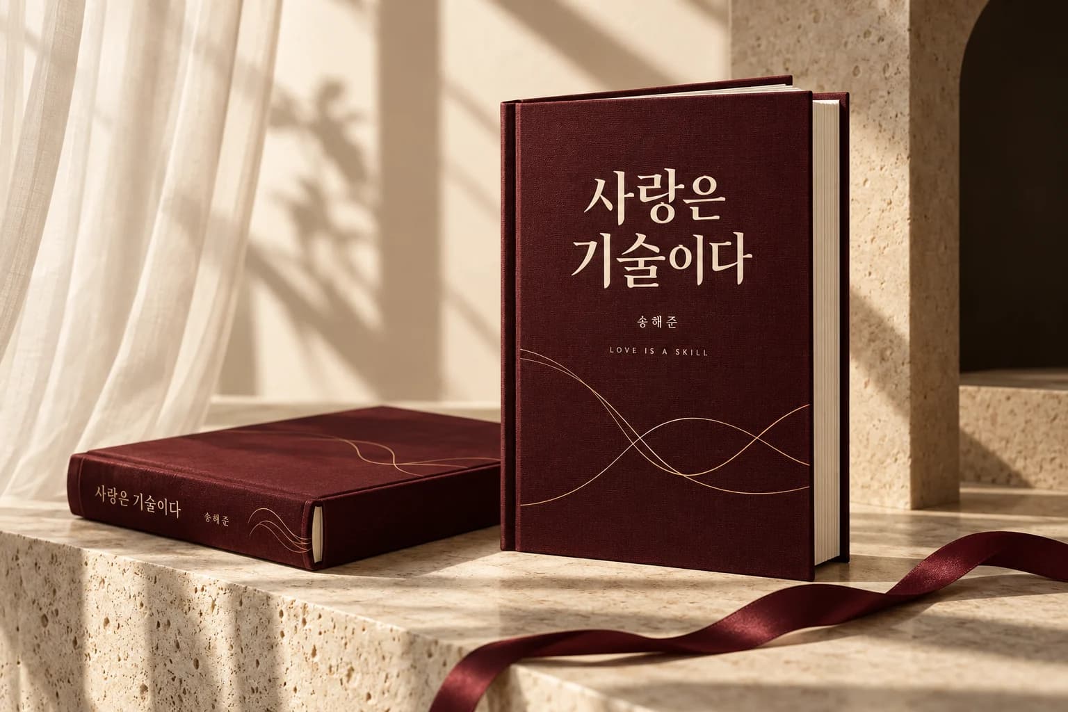 버건디 표지의 사랑은 기술이다 전자책을 책으로 연출한 이미지