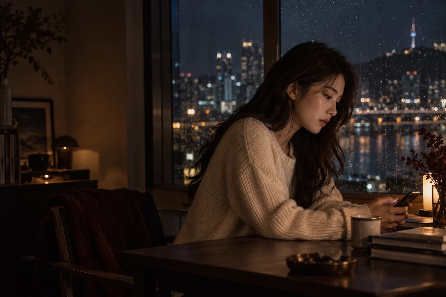 밤의 창가에서 휴대폰을 바라보는 여성의 연출 이미지