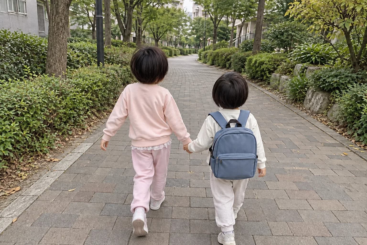가족사진을 바탕으로 제작한, 손잡고 걷는 두 자매의 뒷모습