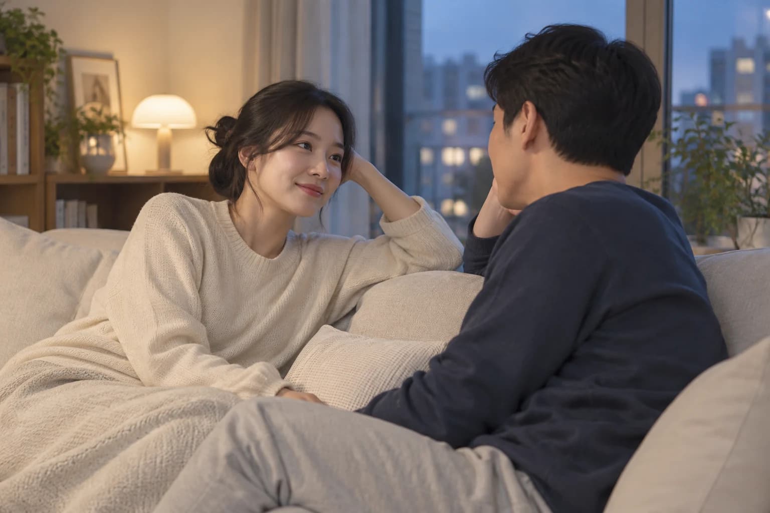 집에서 편안하게 이야기를 나누는 부부의 AI 연출 이미지